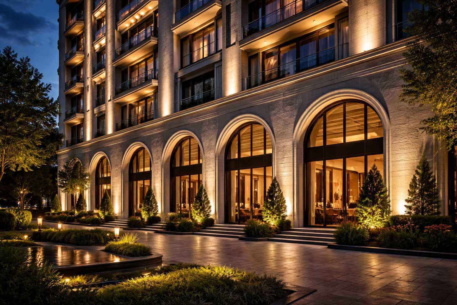 LED facade lighting and wall washer lights illuminating building exterior