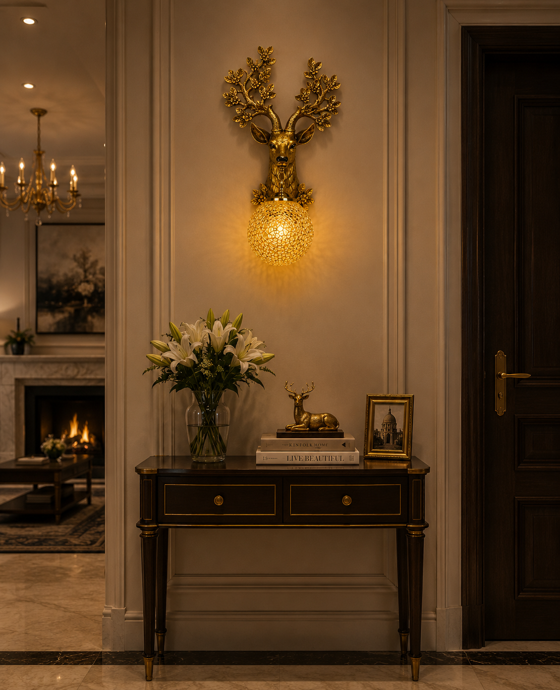 9374-1B luxury deer wall lamp with antique gold finish and crystal mosaic glass shade for elegant indoor decorative lighting