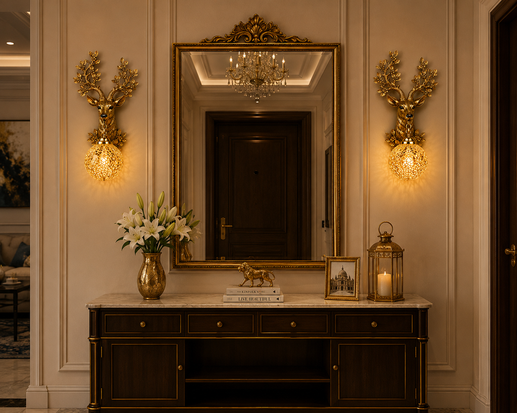 9374-1B luxury deer wall lamp with antique gold finish and crystal mosaic glass shade for elegant indoor decorative lighting