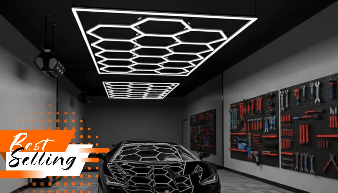 geometric ceiling light fixture and tool wall.