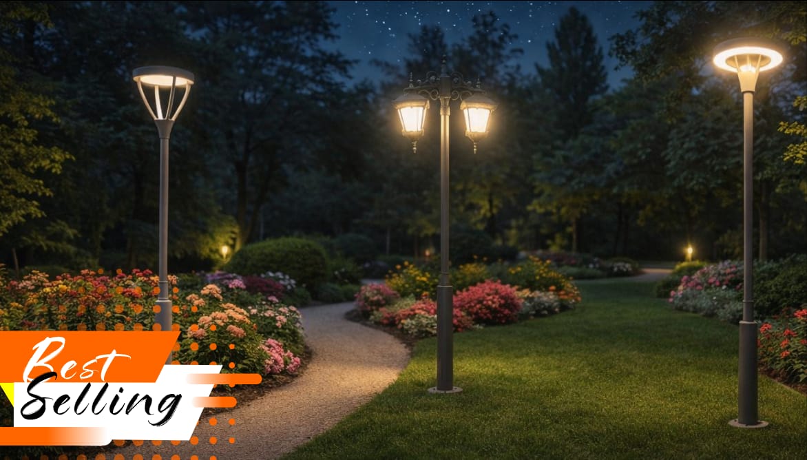 Decorative outdoor lights illuminating a garden pathway at night.