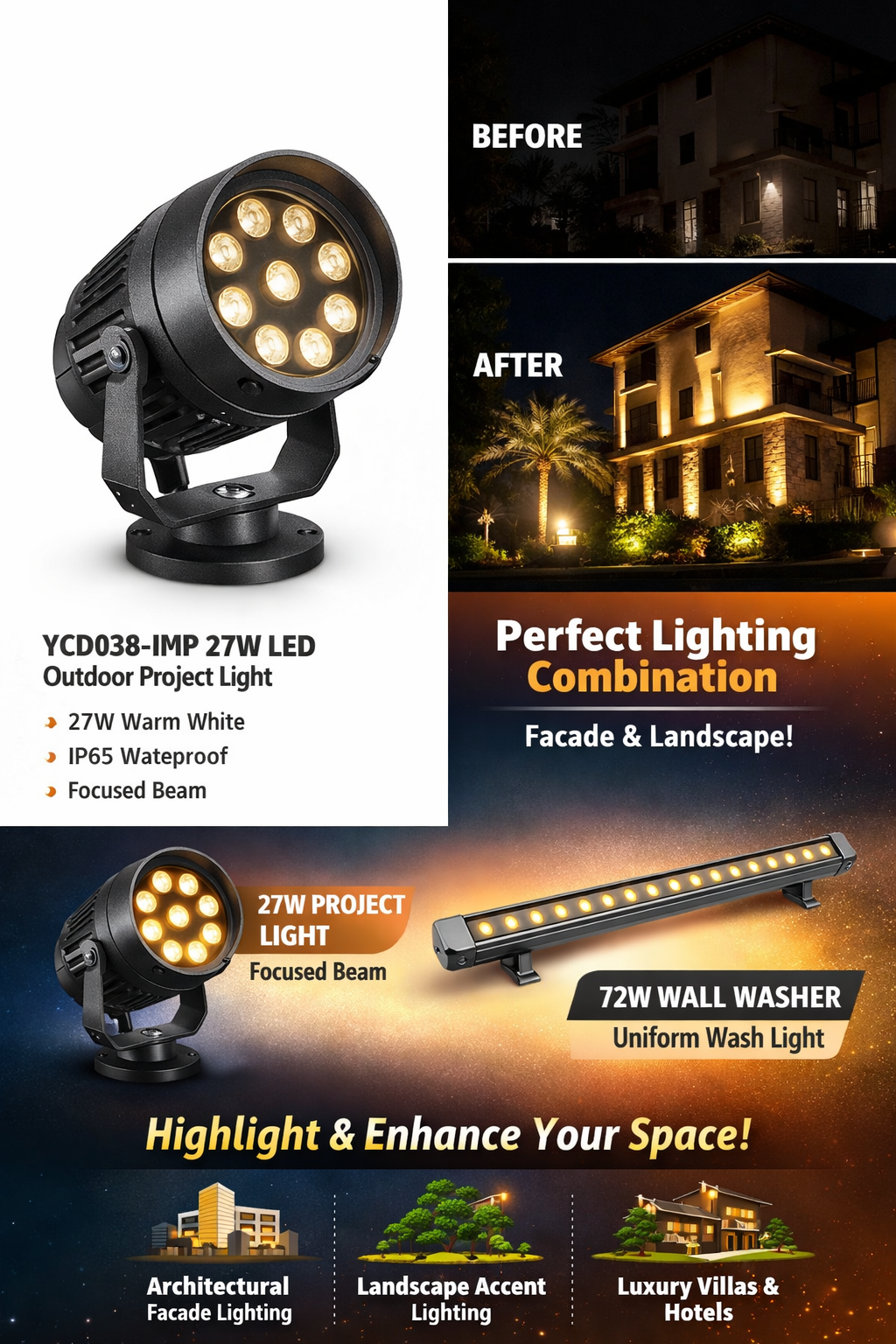 YCD038-IMP 27W LED outdoor project light warm white spotlight for facade and landscape lighting