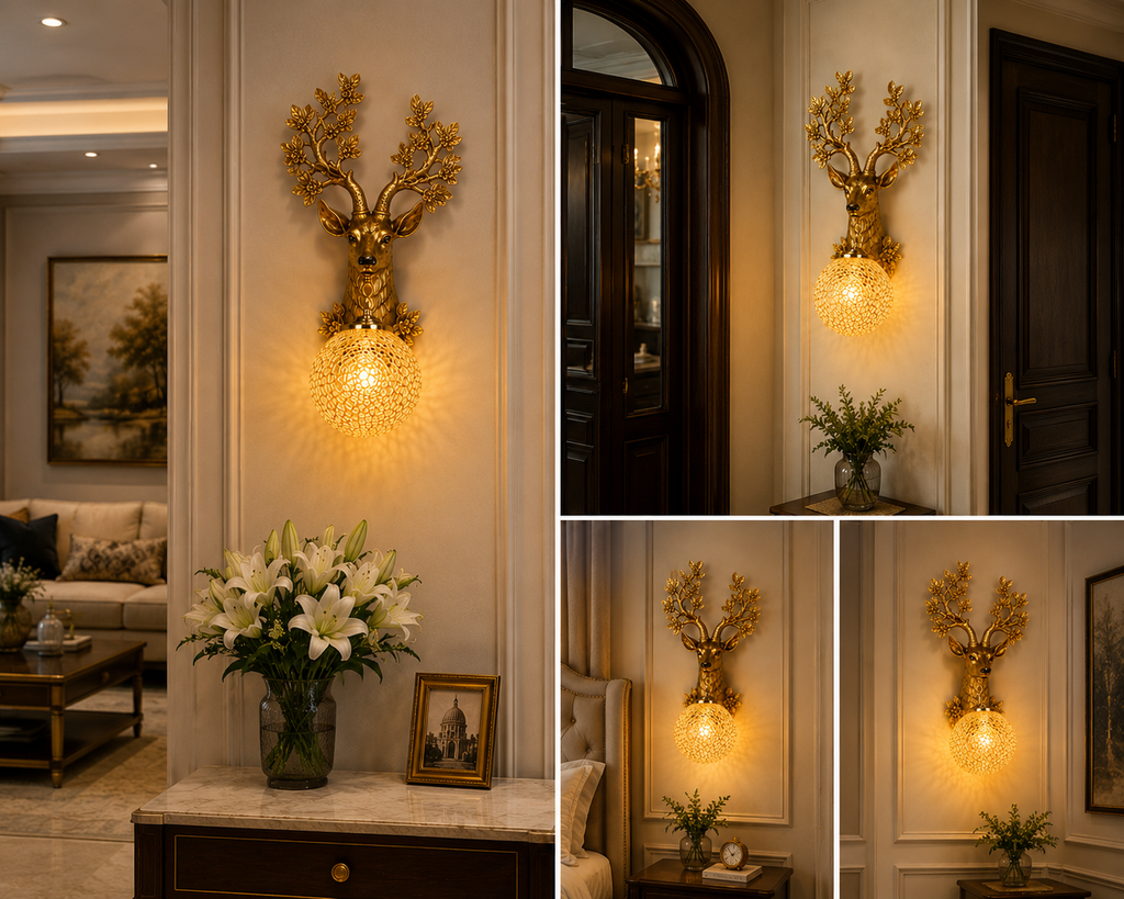 9374-1B luxury deer wall lamp with antique gold finish and crystal mosaic glass shade for elegant indoor decorative lighting