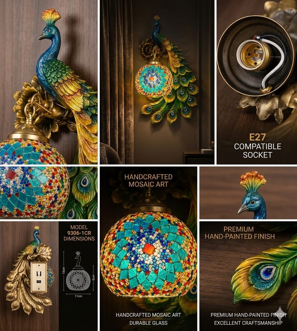 Peacock swing arm wall light decorative E27 wall lamp without bulb for luxury bedroom and living room interior décor