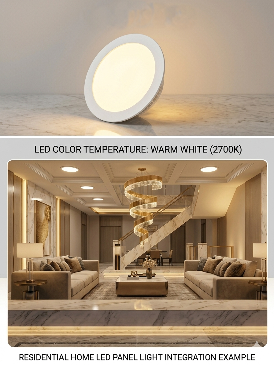 Residential home LED panel light integration example with warm white lighting.