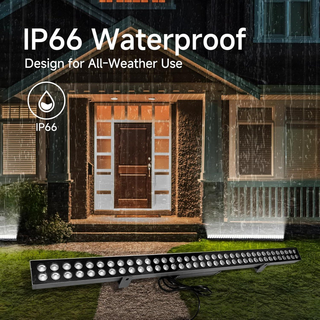 LED light bar with IP66 waterproof rating in front of a house during rain.