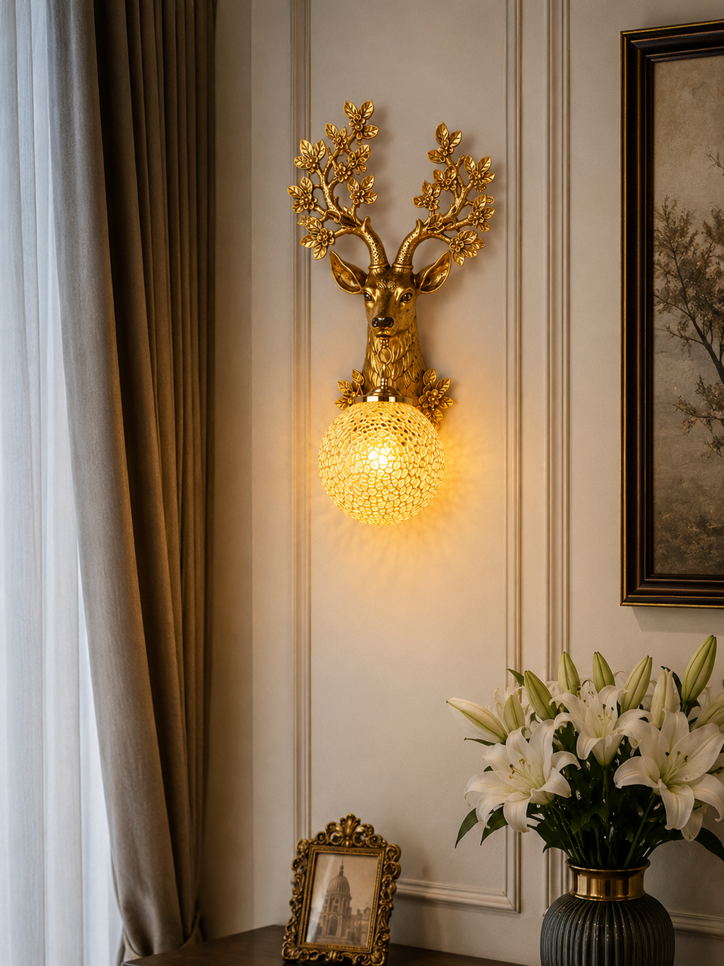 9374-1B luxury deer wall lamp with antique gold finish and crystal mosaic glass shade for elegant indoor decorative lighting